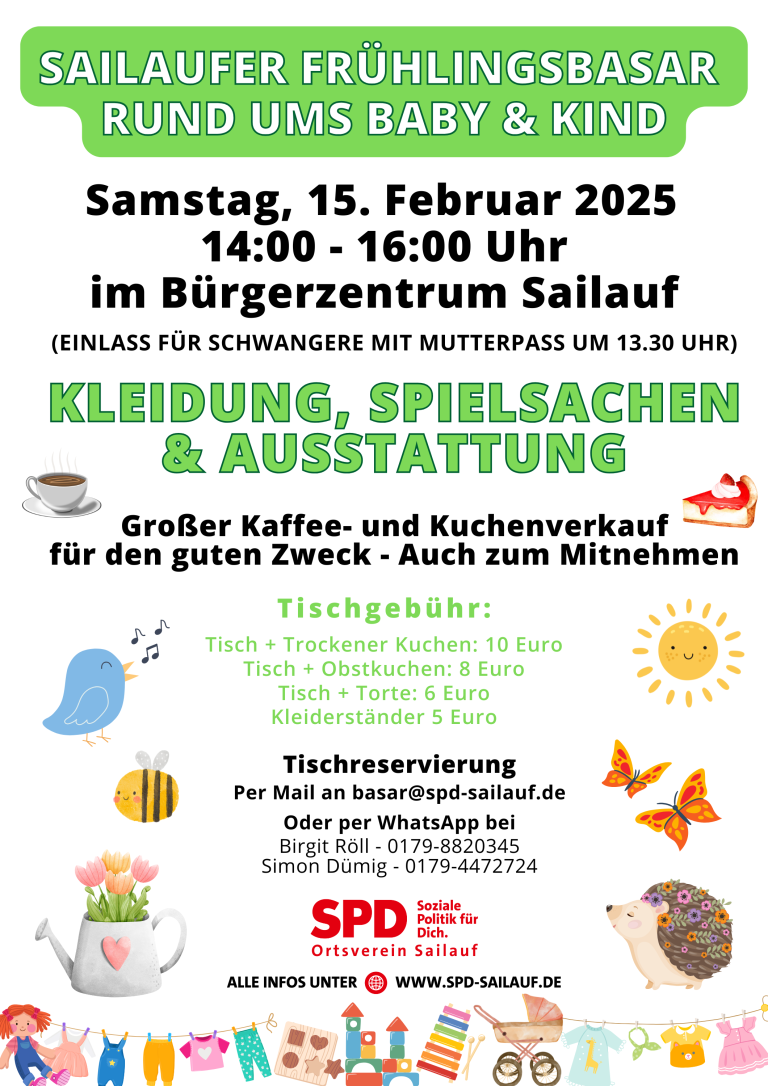 Plakat Sailaufer Frühlingsbasar rund ums Baby und Kind am 15.02.2025